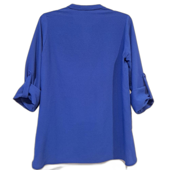 Gibson Rroyal blue blouse top, long sleeves or 3/4 sleeves, asymmetrical hem, XS - Picture 2 of 7